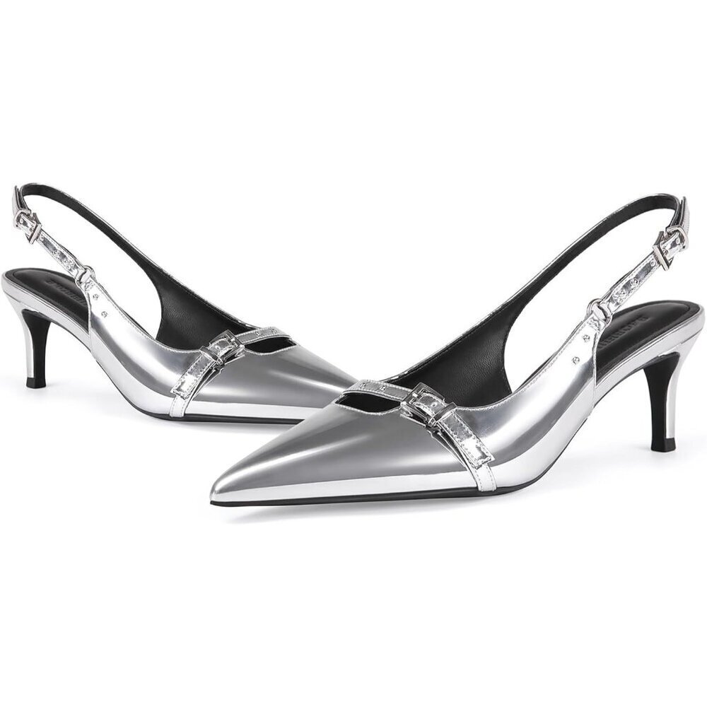 🆕Women Silver Sling Back Heels Pointed Slip On Pumps Closed Toe Kitten Heeled